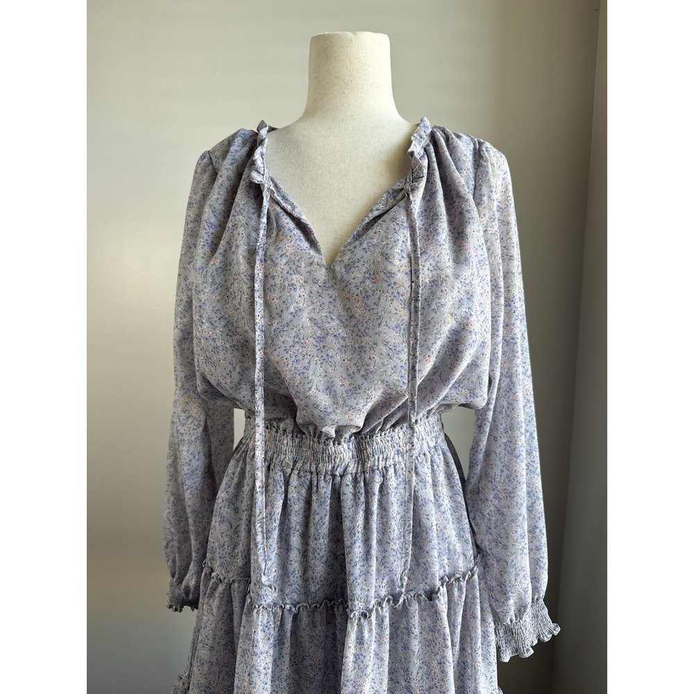 Papermoon Floral Tiered Ruffle Mini Dress Chiffon Long Sleeve Keyhole Neck S